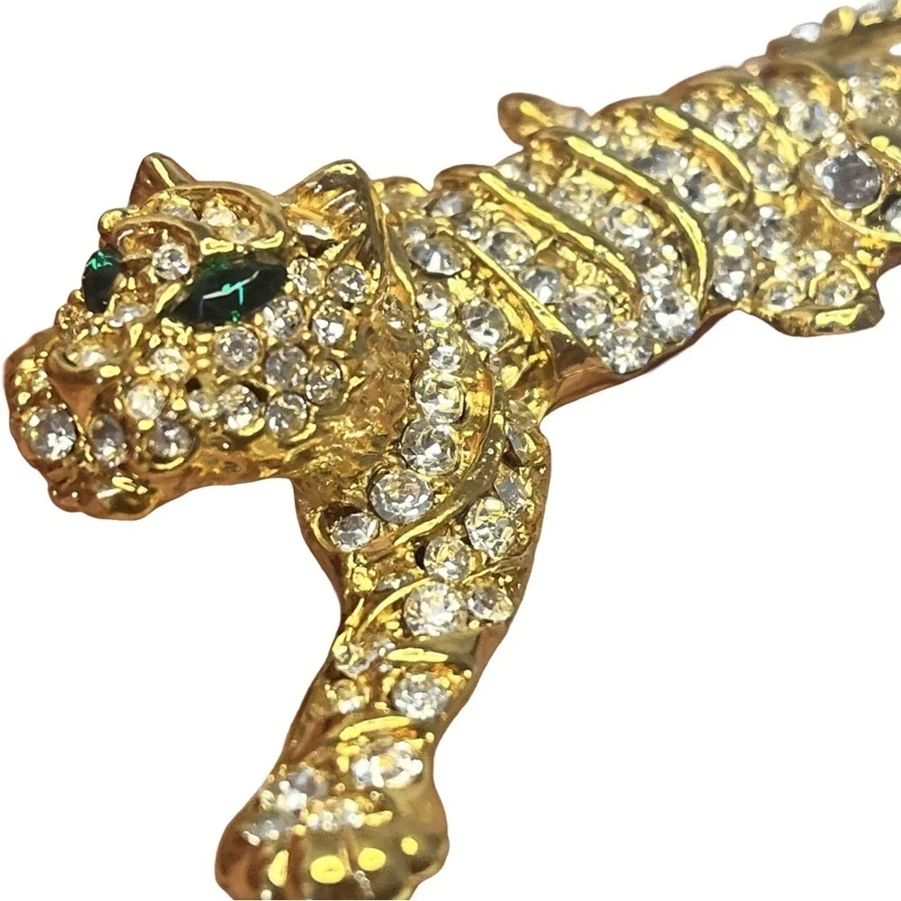 Gold Crystal Tiger Brooch Emerald Eyes Statement Brooch